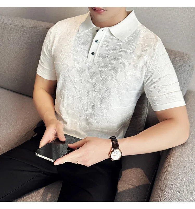 High-quality Men's Jacquard Polo Shirt, Business Casual Men's Solid Color Short-sleeved Top,  Geometric Pattern Men's T-shirt.