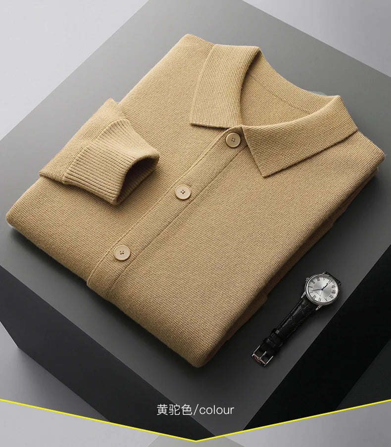 New 2023 Autumn/Winter Cashmere Cardigan Men's Polo Neck Sweater Long Sleeve Knitted Business Casual Wool Sweater Solid Color - reetell