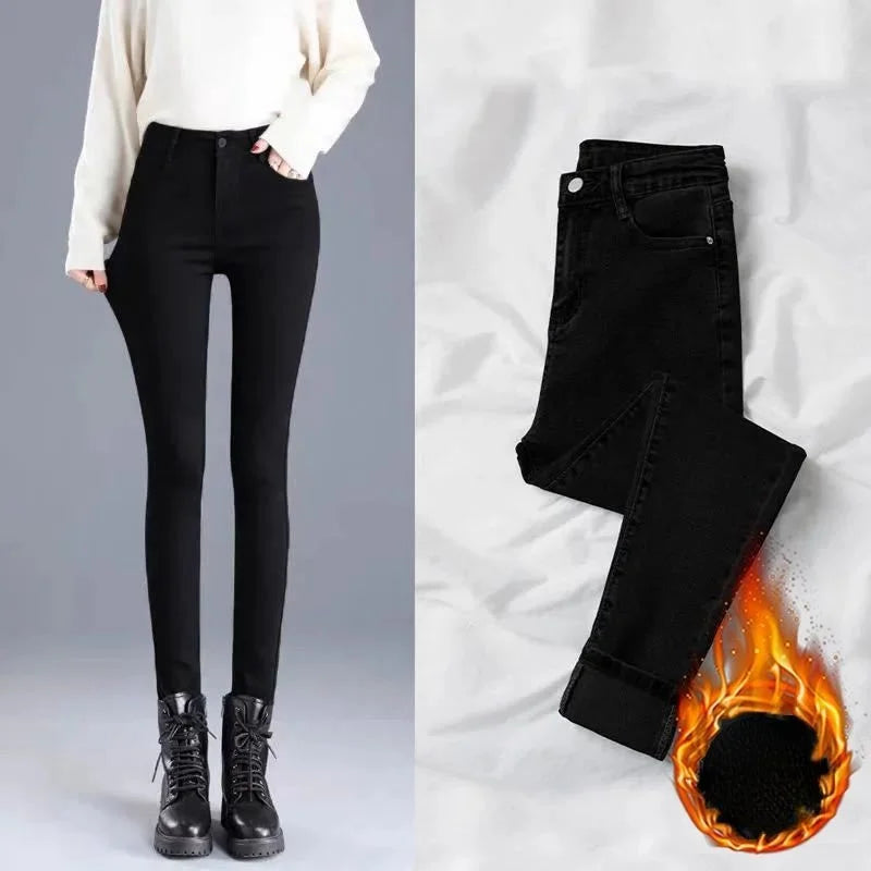 Spring Autumn and Winter Skinny Warm Jeans Women Velvet Ankle Length Casual Thick Pencil Pants Basic Fleece Denim Trousers - reetell