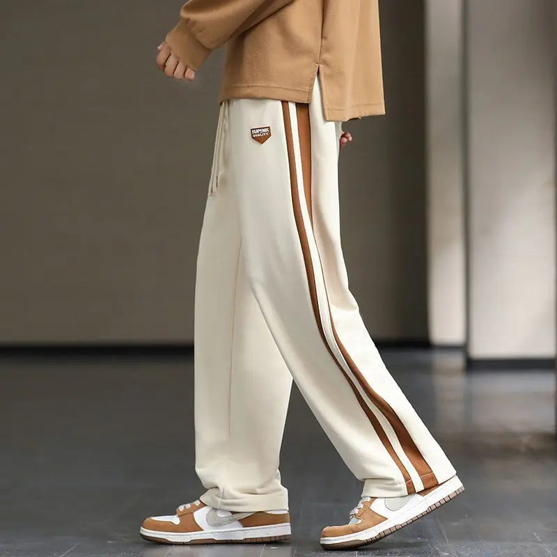 Spring Autumn Elastic Waist Fashion Straight Pants Man High Street Contrast Color Casual Pockets Drawstring All-match Trousers - reetell