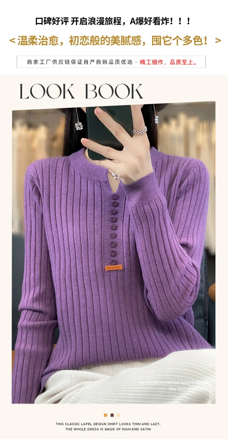 Women's Sweater Autumn/Winter New Solid Color Knitwear V-Neck Pullover Ladies Clothes Fashion Blouse Korean Style Loose Tops - reetell