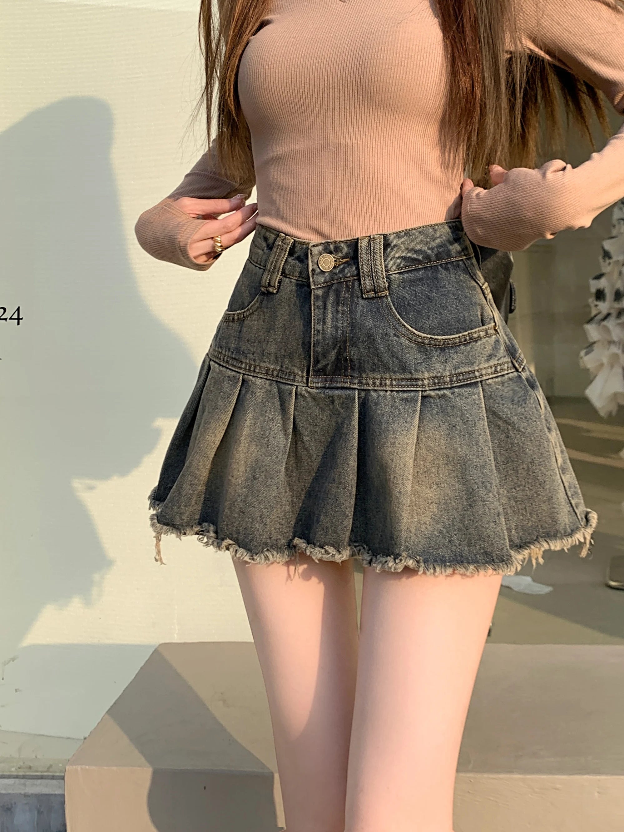 Women's Summer Cute Denim Short Skirt High Waist Burr Edge Spliced Casual A-line Harajuku Korean Style Y2K Mini Pleated Skirt - reetell