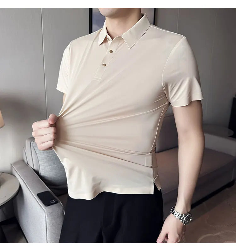 Ice Silk Traceless T-shirt Men's  Business Casual Solid Color Half Sleeve High Elasticity Top Silk Smooth Breathable POLO Shirt