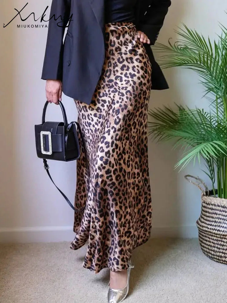 MiuKoMiYa Autumn Satin Leopard Print Maxi Skirt Women High Waist A Line Office Slim Long Leopard Skirt For Women Elegant 2024 - reetell