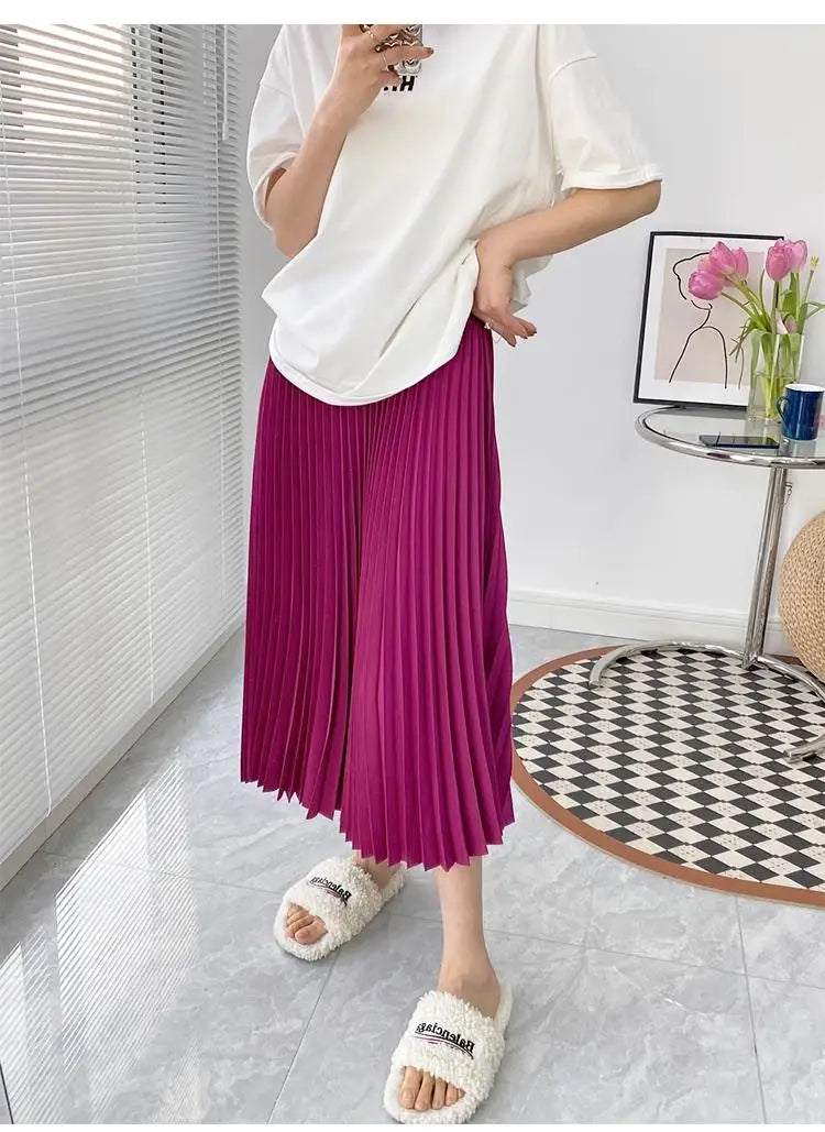 2023 Women Elegant Pleated Skirt High Waist Women Mid-long Skirt Female Ladies High Quality Women Midi Skirt Black Saia - reetell