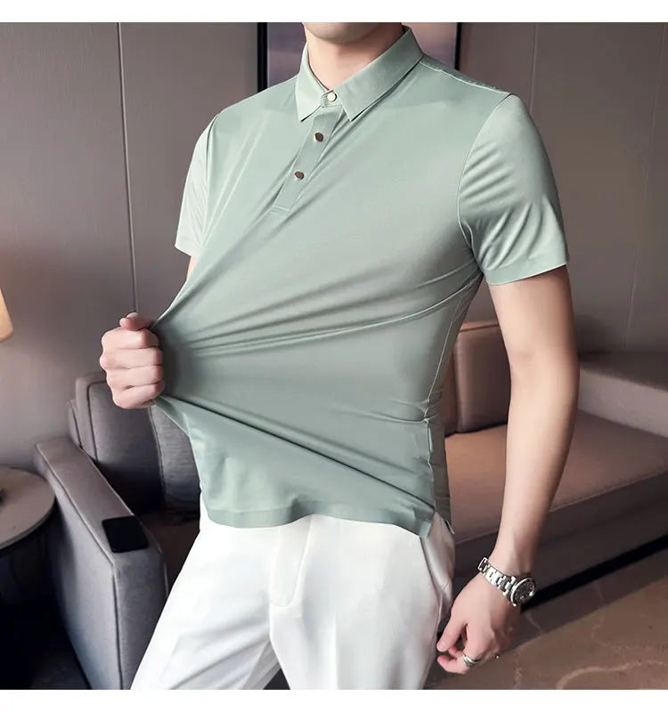 Ice Silk Traceless T-shirt Men's  Business Casual Solid Color Half Sleeve High Elasticity Top Silk Smooth Breathable POLO Shirt