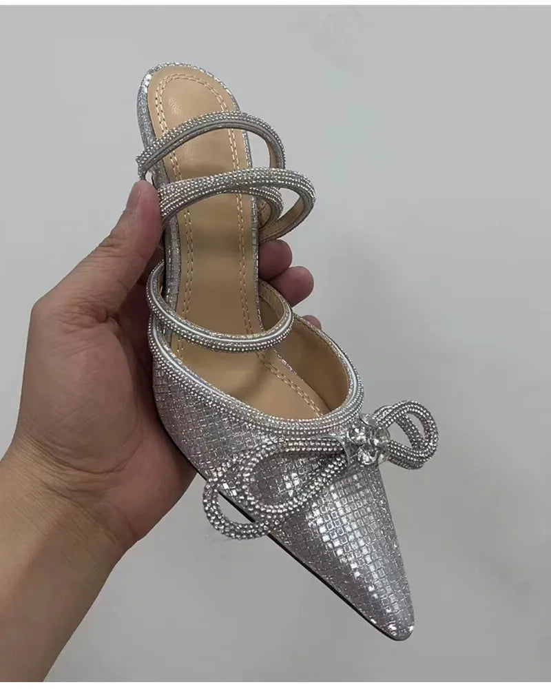 Brand Luxury Crystal Sequined Bowknot Women Pumps Sexy Ankle Strap High heels Female Sandals Summer Fashion Wedding Prom Shoes - reetell