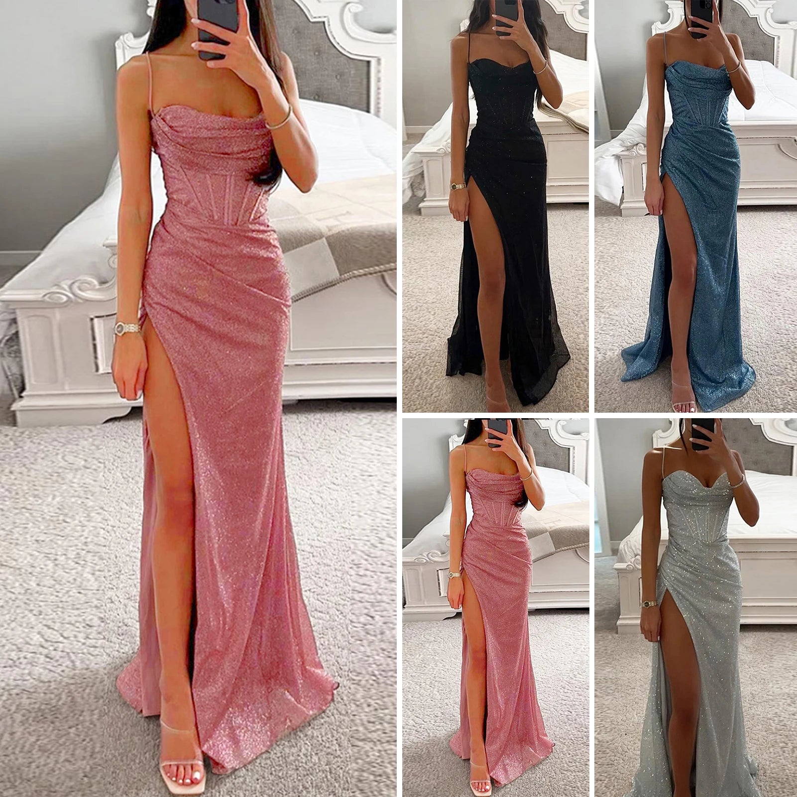 Off-shoulder Gown Dress Elegant Sequin V-neck Maxi Dress for Evening Party Prom Off Shoulder Slim Sexy Split Long Dress - reetell