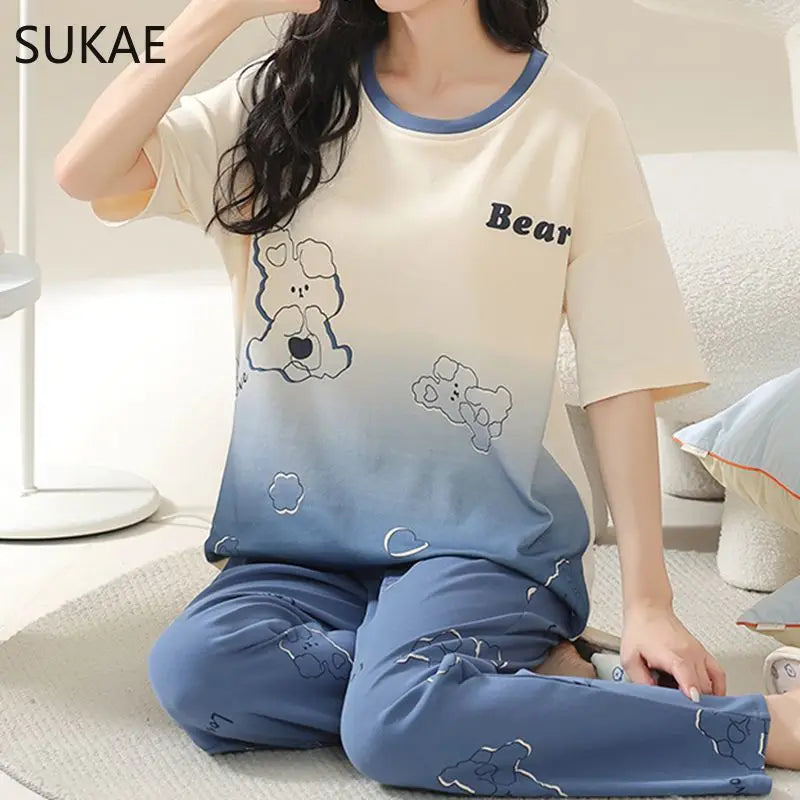 SUKAE Summer Women Pajamas Set Plus Size M-5XL Cotton Women's Pajama Short Sleeves Nightwear Sleepwear Korean Pijamas for Girl