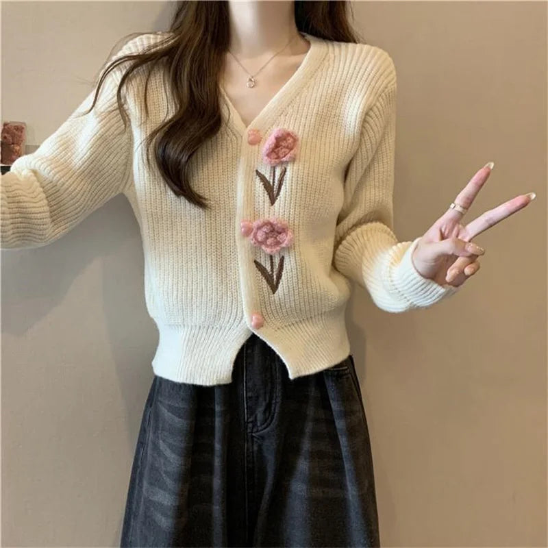 Heavy Industry Beautiful Flowers Knitted Cardigan Sweater Women Slim In Autumn And Winter With Small Cardigan V-neck Short Coat - reetell