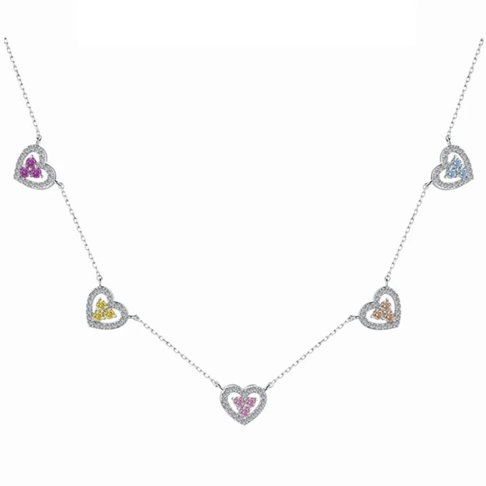 True S925 Silver Heart Necklace Women Rainbow Heart Charm Pendant Necklace Female Luxury Jewelry Sparkling 5A Zircon Girl Gift