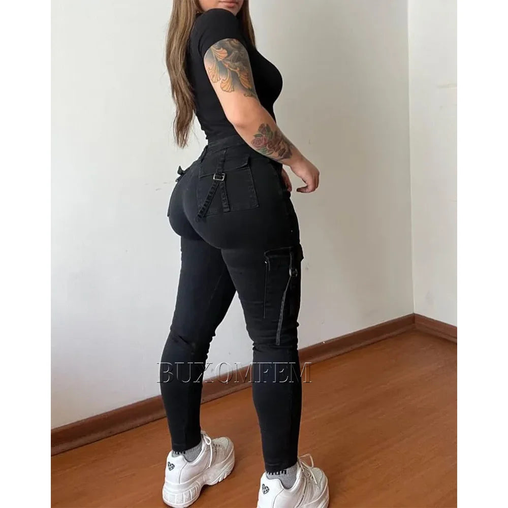 Straight Cargo Jeans Women's Streetwear Stretchy High Waisted New Fashion Jeans Unique Multi-Pocket Female Style Fall Pantalones - reetell