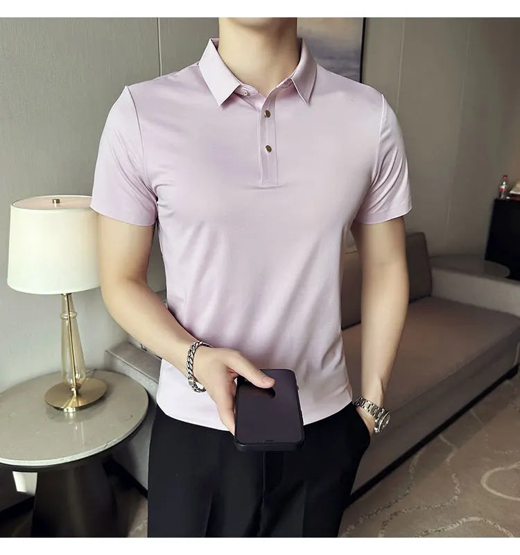 Ice Silk Traceless T-shirt Men's  Business Casual Solid Color Half Sleeve High Elasticity Top Silk Smooth Breathable POLO Shirt