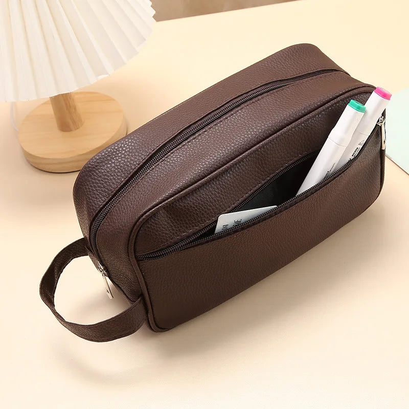 Men Waterproof Travel Toiletries Storage Bag PVC Lychee Pattern Cosmetic Bag Portable Makeup Organiser Male Zipper Handbags