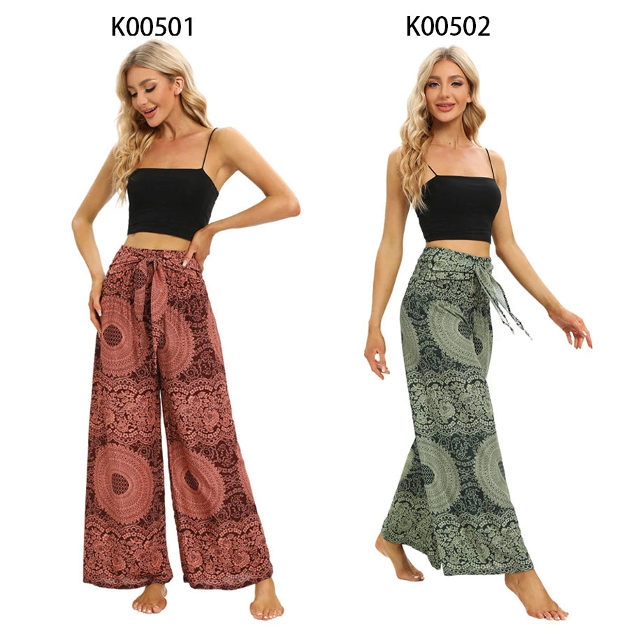 2024 Women Boho Yoga Pants Rayon Vintage Floral Printed Wide Leg Long Trousers Elastic High Waist Female Outside Home Clothes - reetell