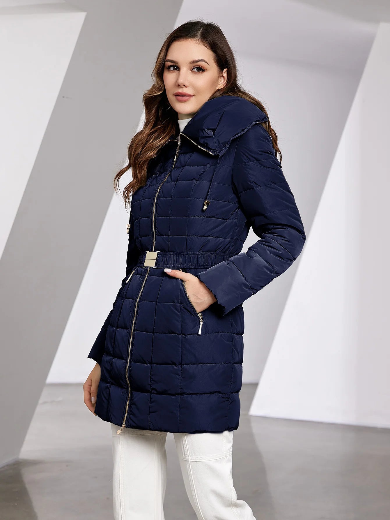 Astrid 2023 New Women's Winter Jacket Hooded Belt Long Parkas Warm Padding Puffer Plaid Quilted Coat Down Jacket Thick Snow Wear