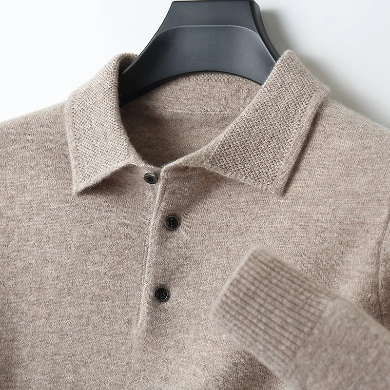 Autumn and winter new 100% pure wool sweater men's POLOL neck sweater lapel button cashmere sweater business knitting bottoming