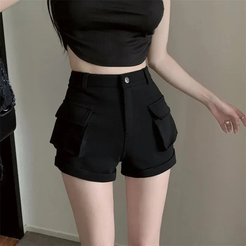 Zoki Korean Casual Cargo Shorts Women Pockets High Waist Streetwear Shorts Summer All Match Lady Simple Solid Slim Cargo Shorts - reetell