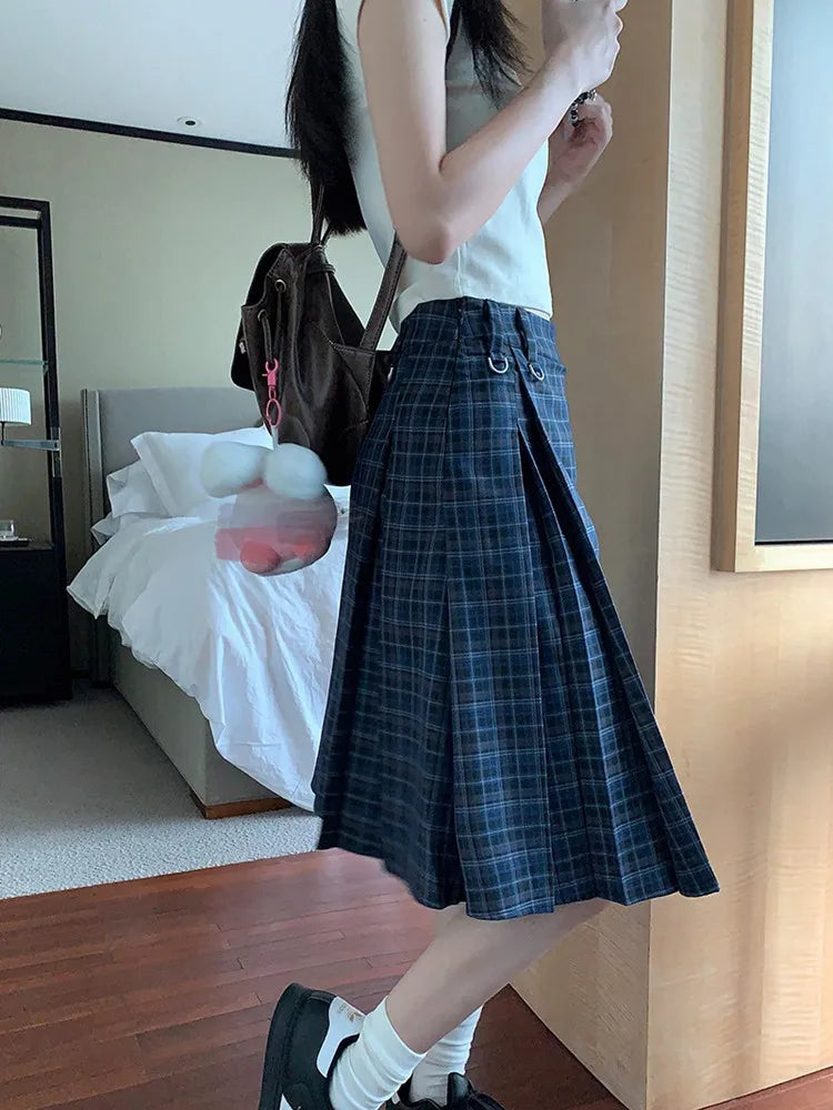 Korean style Preppy Fashion Vintage Plaid Summer Women Midi Skirt High Waist Pleated A-line Temperament Loose Y2K Skirt - reetell