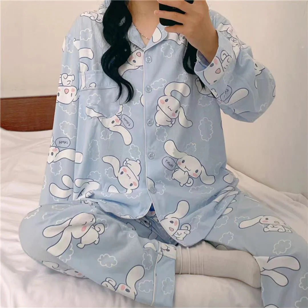 Sanrio Cinnamoroll Cartoon Women's Pajama Y2k Cute Fashion Sleepwear Set Woman 2 Piece Long Sleeve Home Suit For Female 2023 New