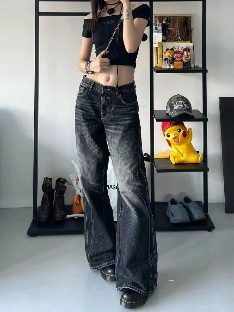 HOUZHOU Grunge Y2k Black Jeans Women Baggy Vintage High Street Oversized Denim Trousers Gothic Gyaru 2000s Acubi Fashion Jeans - reetell