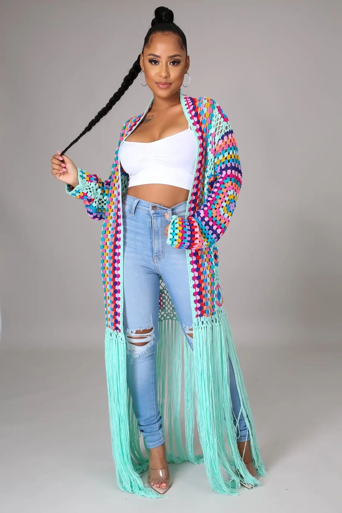 Women's Cardigans Crochet Knitted Maxi Fringe Coats Jacket Casual Sweater Ladies Tassel Open Stitch Hollow Out Long Cardigan - reetell