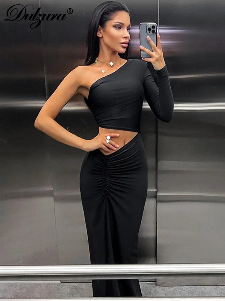 Dulzura Long Sleeve One Shoulder Maxi Dress Cut Out Ruched Slit Bodycon Sexy Prom Party Elegant Evening Y2K Clothes Birthday - reetell