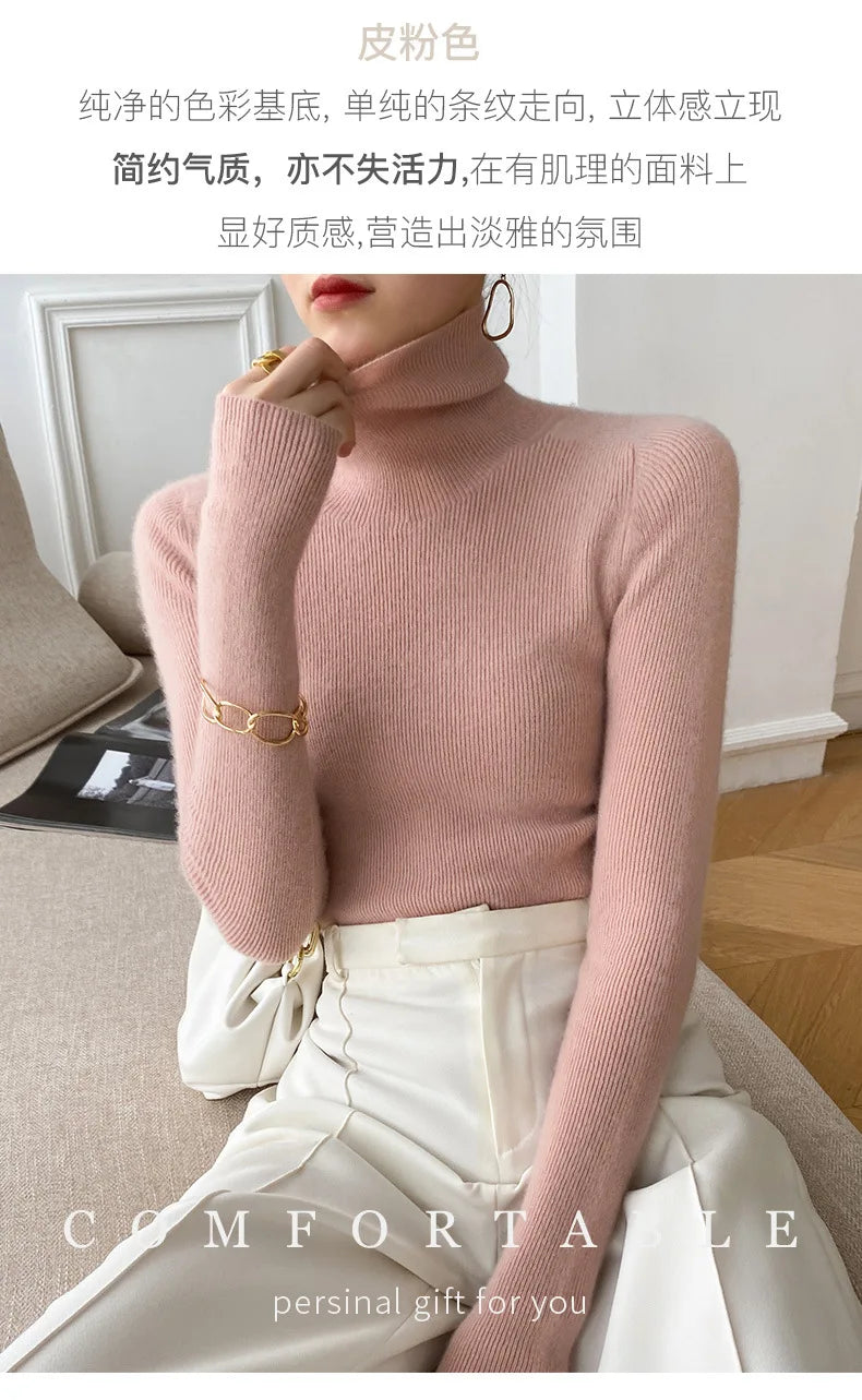 Women Sweater Winter Cashmere Turtleneck Warm Knitwear Korean Casual Solid Bottoming Shirt Fashion Knit Pullovers Brown Sweater - reetell