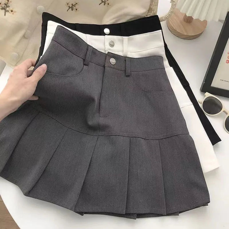 Y2K Vintage High Waist Pleated Skirt Women College Style Uniforms Safety Pants Mini Skirts Woman Korean Street Slim A-Line Skirt - reetell