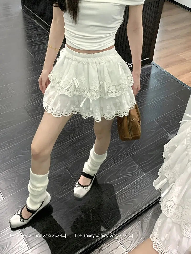 Deeptown Coquette White Lace Short Skirt Ruffle Women Sweet Bow Kawaii Mini Skirts Patchwork Layered A-line Aesthetics Skirt - reetell