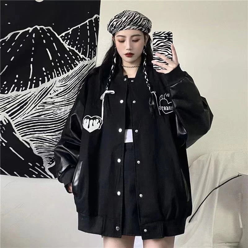 MEXZT Harajuku Black Coat Women Patchwork Bomber Jackets Bf Streetwear Korean Leather Print Oversized Casual Baseball Jacket