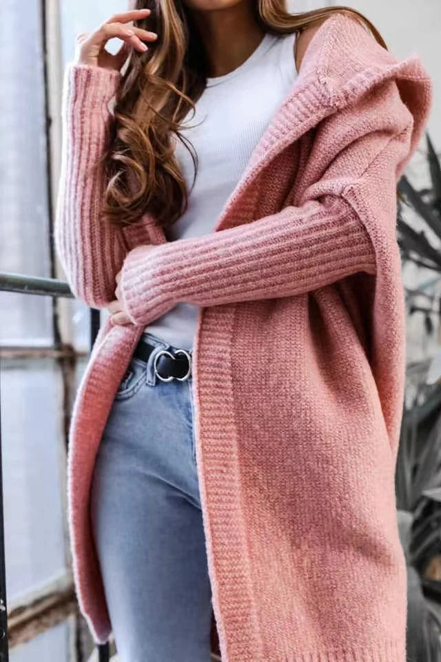 2024 Autumn Winter Cozy Chic Hooded Cardigan Women's Casual Knit Sweater Coat Elegant Batwing Sleeve Pocket Long Jacket Jumpers - reetell