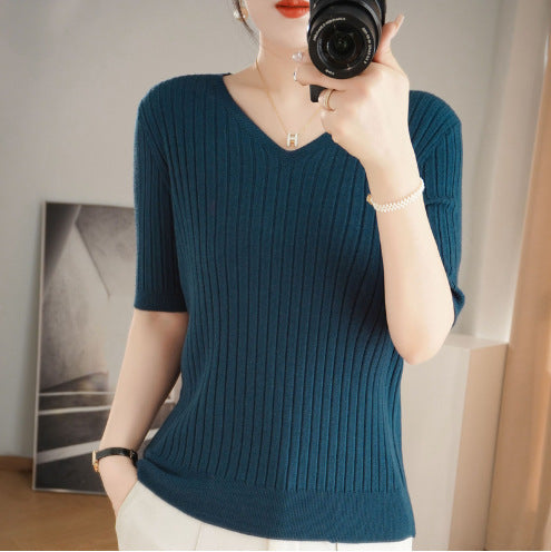 Women Sweater Short Sleeve V-neck Stripe Knitwears Slim Fit Shirt Korean Fashion Pullovers Thin Knit Tops 2024 Bottoming Shirts - reetell