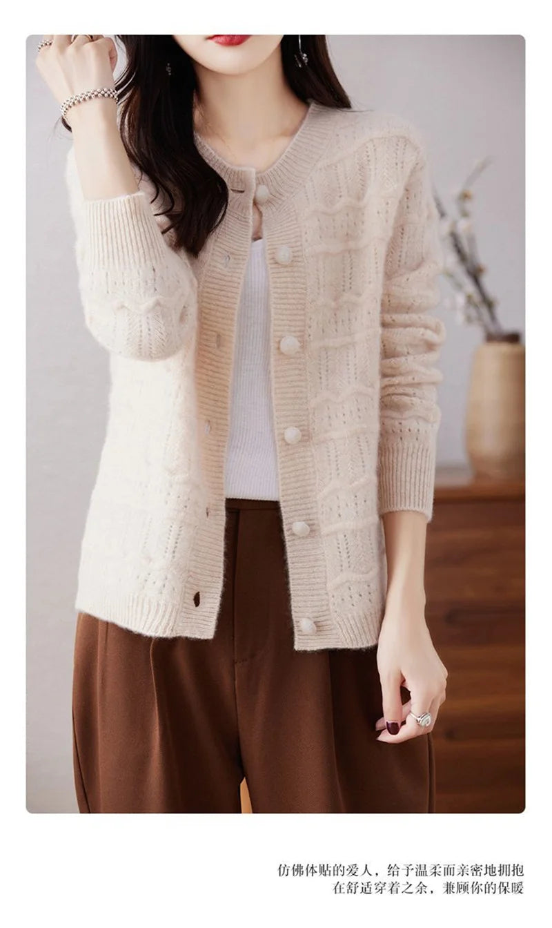 New Autumn And Winter Sweater Cardigan Jacket Women Fashion Sweet Wearing Solid Color Round Neck Sweater Top Bottoming Shirt - reetell