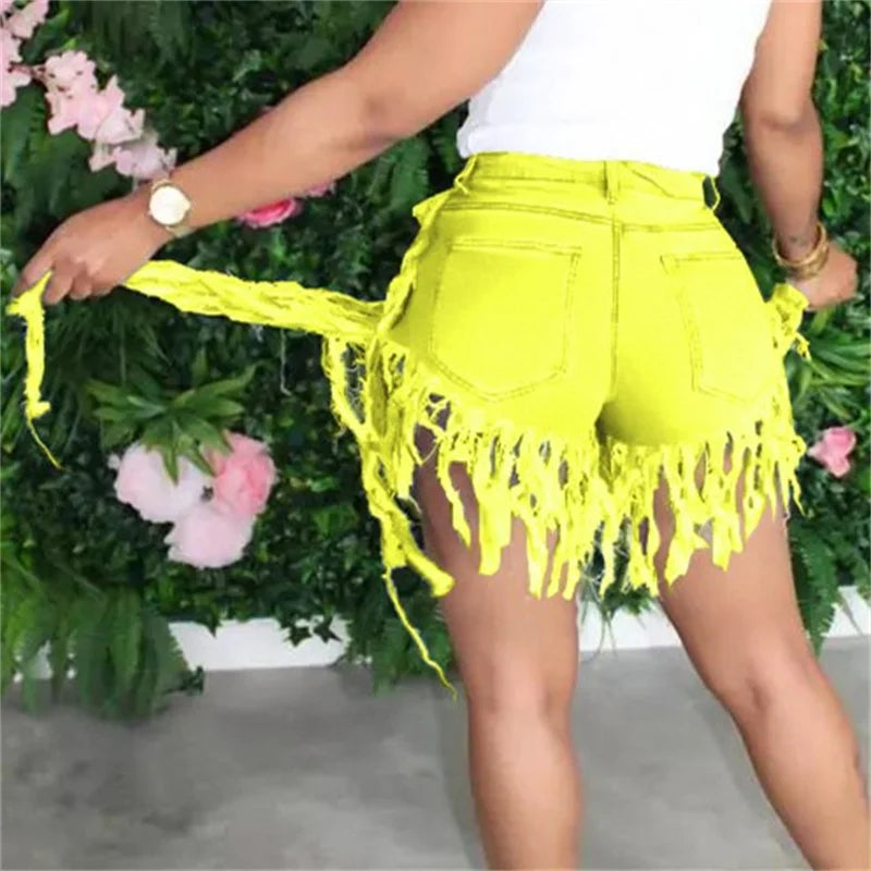 Fashion Tassel Splice Trouser Legs Denim Shorts Women High Waist Button Mini Jeans Female Casual Three Quarter Pants Streetwear - reetell