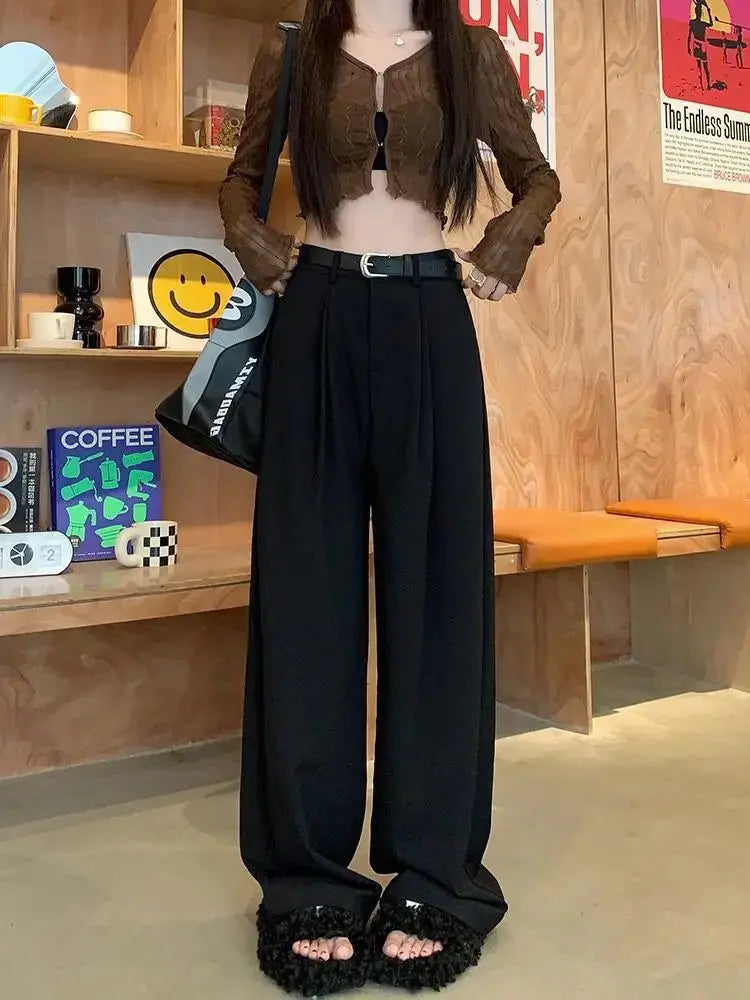 QWEEK Elegant Baggy Gray Suits Pants Woman Oversized Office Ladies Casual Korean Fashion Classical Trousers High Waist Summer - reetell