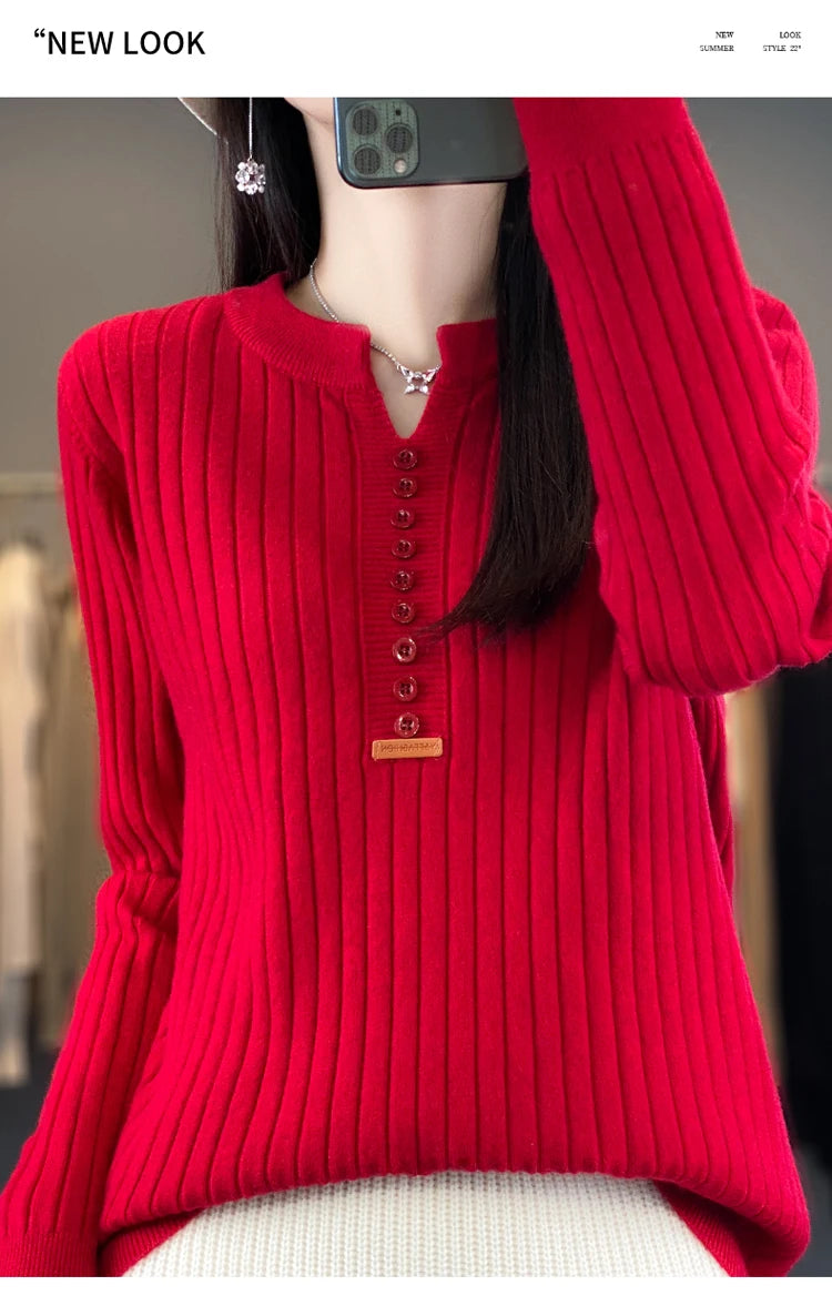 Women's Sweater Autumn/Winter New Solid Color Knitwear V-Neck Pullover Ladies Clothes Fashion Blouse Korean Style Loose Tops - reetell