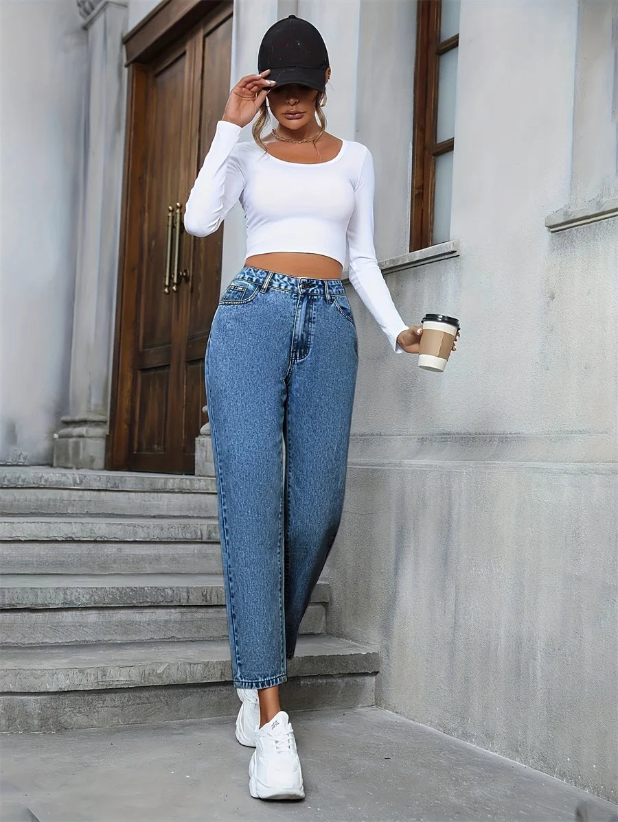 Benuynffy Vintage Women's Jeans American Basic Fashion Mom Jeans Woman Summer High Waist Straight Leg Denim Pants Without Belt - reetell