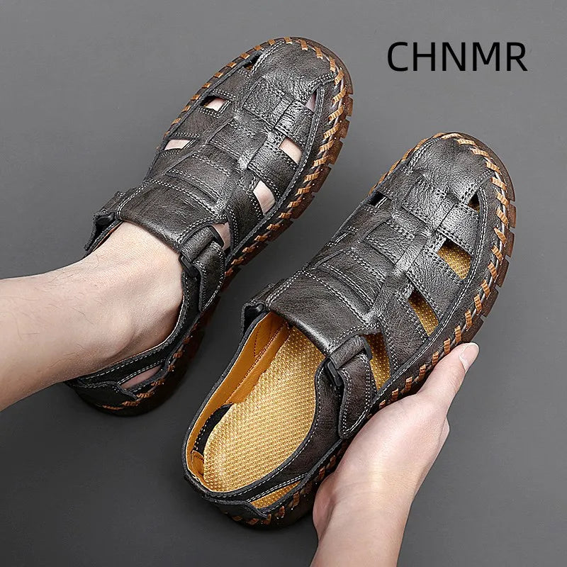 Genuine Leather Sandal for Men Round Toe Lightweight Comfortable Trendy All-match Breathable Fashion Non-slip Shoes Summer Main