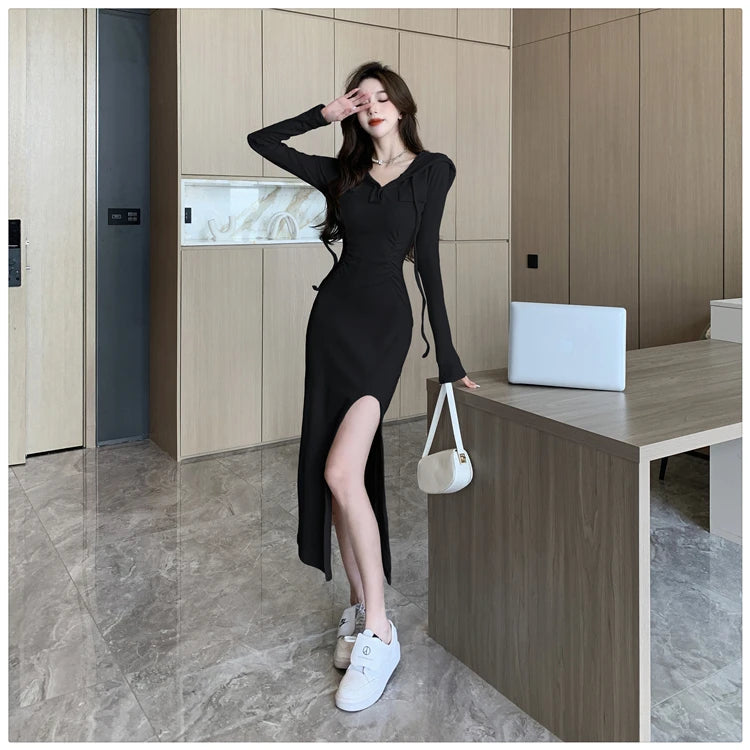 Autumn Fashion Solid Hooded Party Dresses for Women Elegant Birthday Evening Dress Female Sweatshirt Slit Midi Vestidos Mujer - reetell