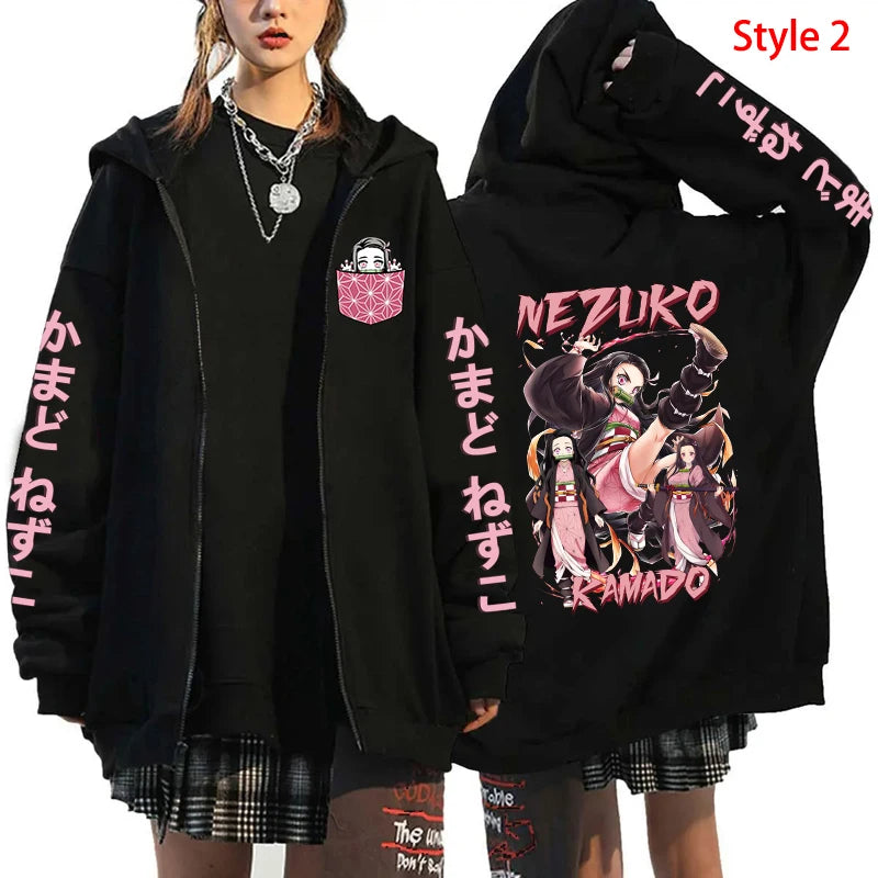 Autumn/Winter New Kamado Nezuko Hoodie Women Casual Personality Zipper Hooded Pullovers Coat Streetwear Fashion Anime Sweatshirt - reetell