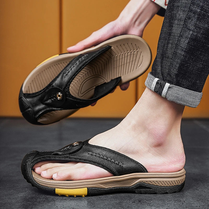 Genuine Cow Leather Shoes Men Baotou Sandals Mens Flip Flops Men's Casual Shoes Classic Beach Slippers Anti-slip Summer 2023