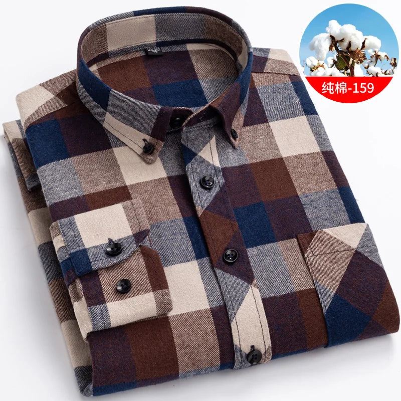 Cotton Mens Checkered Shirts Long Sleeve Soft Plaid Shirt Button Up Regular Fit Leisure Classical Vintage Comfortable Man Tops