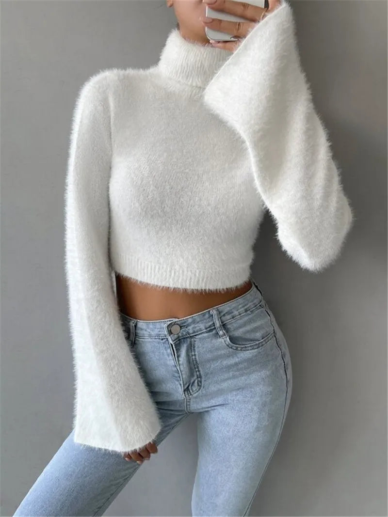 Autumn and winter Europe and the United States cross-border new Amazon turtleneck short belly button fleece sweater - reetell