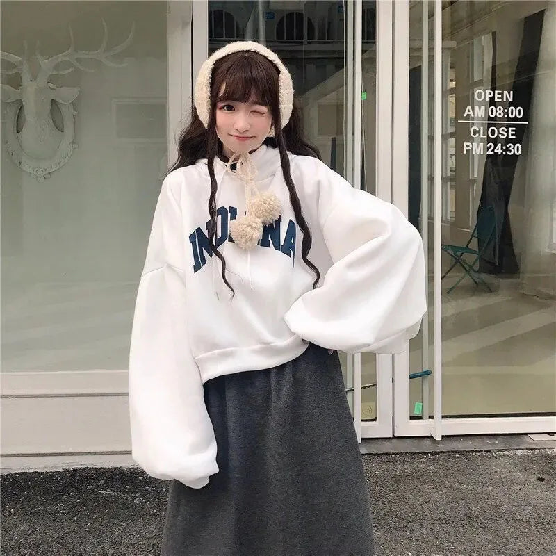 Autumn Thick Women Hoodies Fashion Loose Fake Two Piece Letter Printing Tops Harajuku Warm Preppy All Match Crop Sweatshirts - reetell