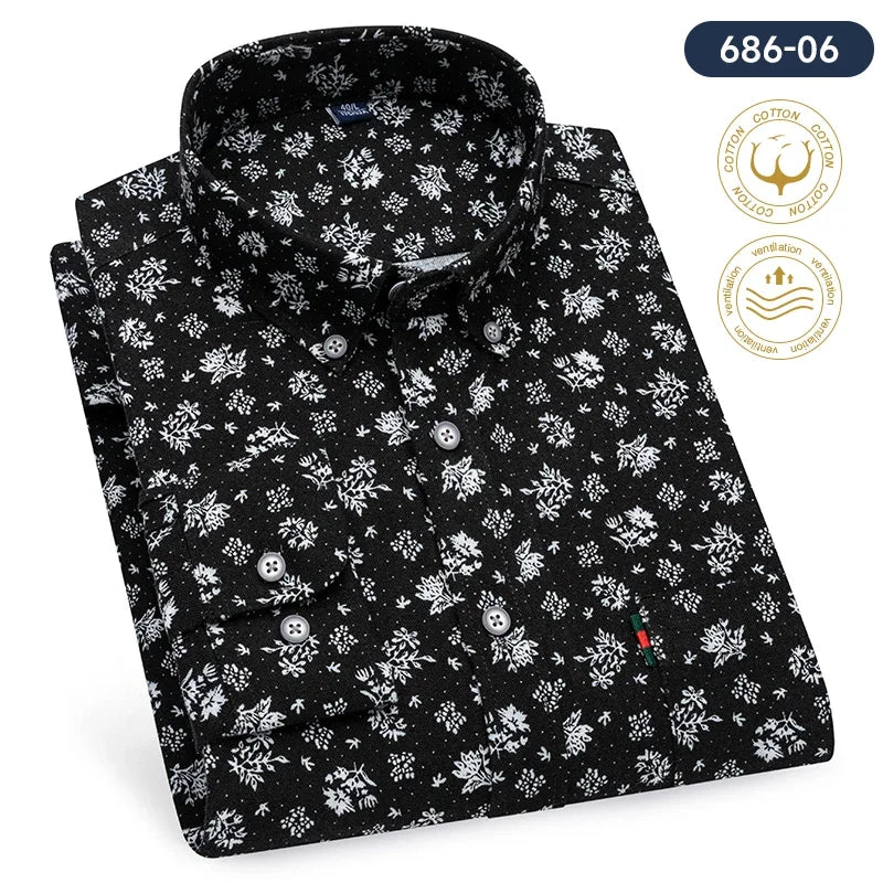 Fashion korean100%cotton casual long-sleeve shirts for men slim fit plain tops print designer vintage elegant clothes streetwear