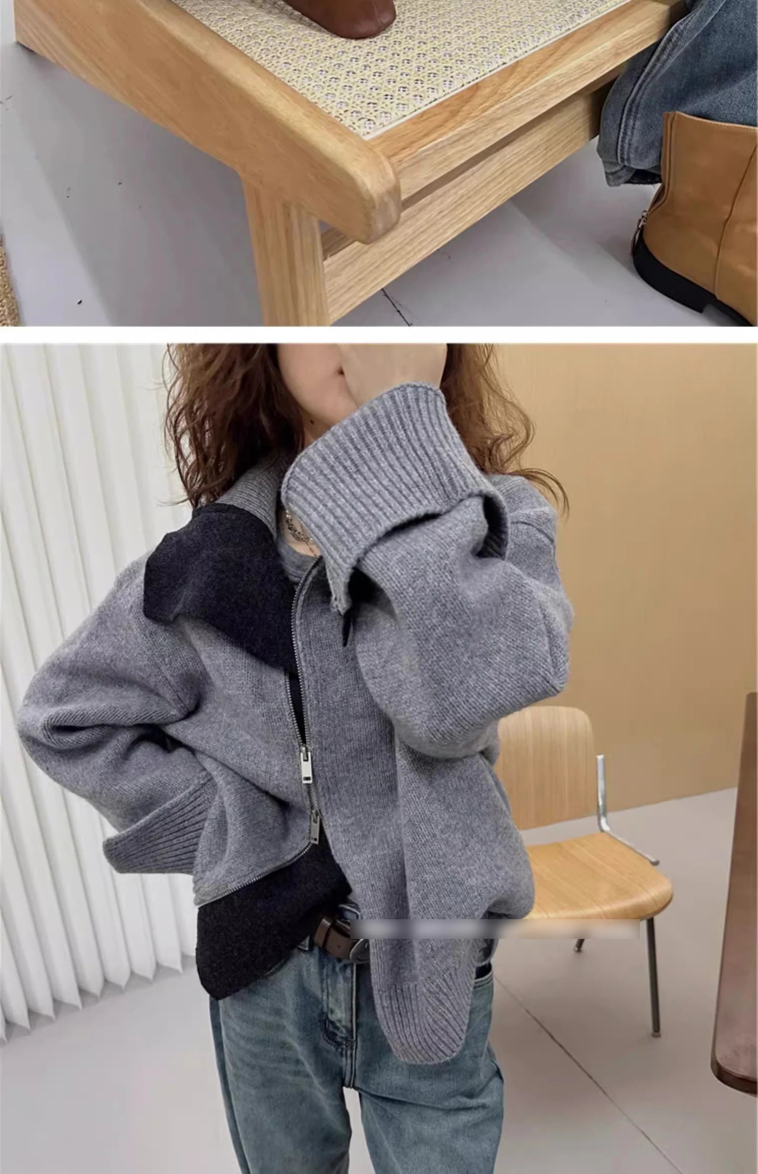 European turtleneck zipper 100% cashmere cardigan women's autumn and winter high-end loose thick wool knit sweater coat - reetell