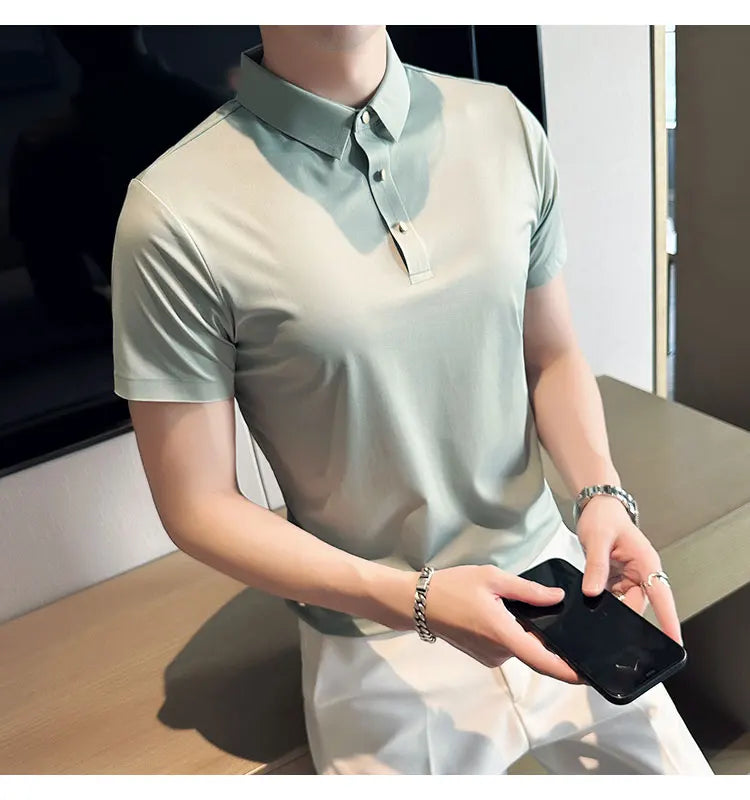 Ice Silk Traceless T-shirt Men's  Business Casual Solid Color Half Sleeve High Elasticity Top Silk Smooth Breathable POLO Shirt