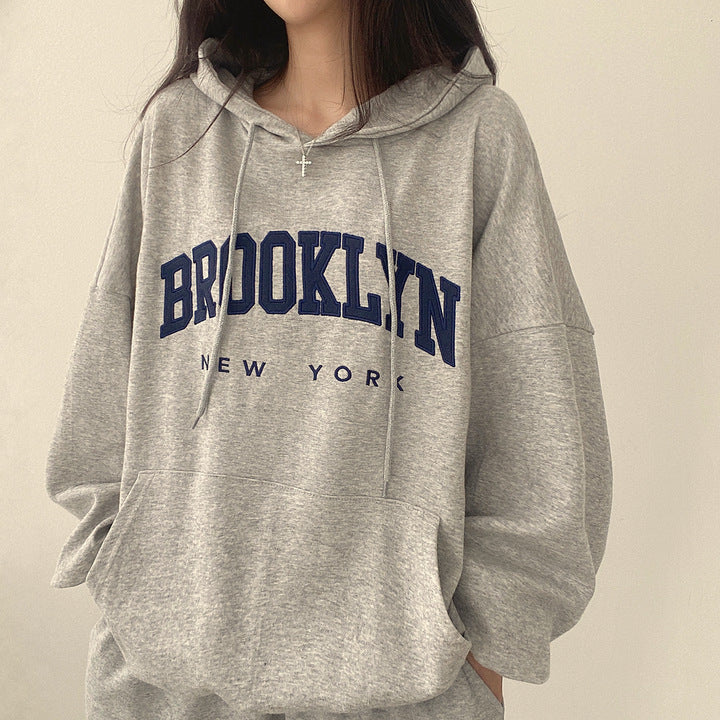 BROOKLYN Letter Print Hoodies Women Retro Chic Long Sleeve Loose Pullovers 2023 Harajuku Casual Hooded Sweatshirt Y2K Streetwear - reetell