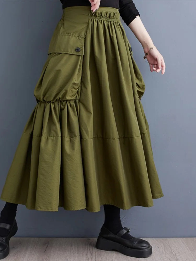 Oversized Spring Autumn Cargo Midi Skirt Women Elastic High Waist Fashion Ruffle Pleated Ladies Skirts Loose Casual Woman Skirt - reetell